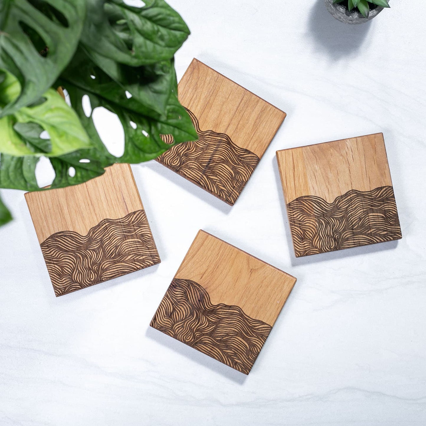 Hand-Illustrated Engraved Hickory Coaster Set