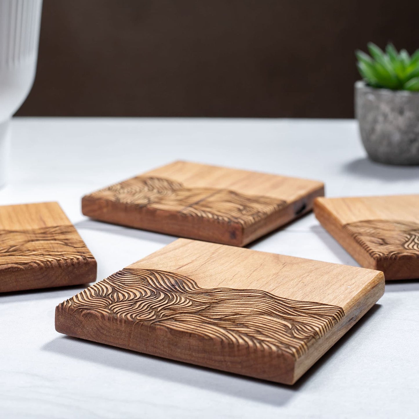 Hand-Illustrated Engraved Hickory Coaster Set