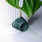 Green leaf-shaped earring with gold hook on a white surface with green leaves in the background