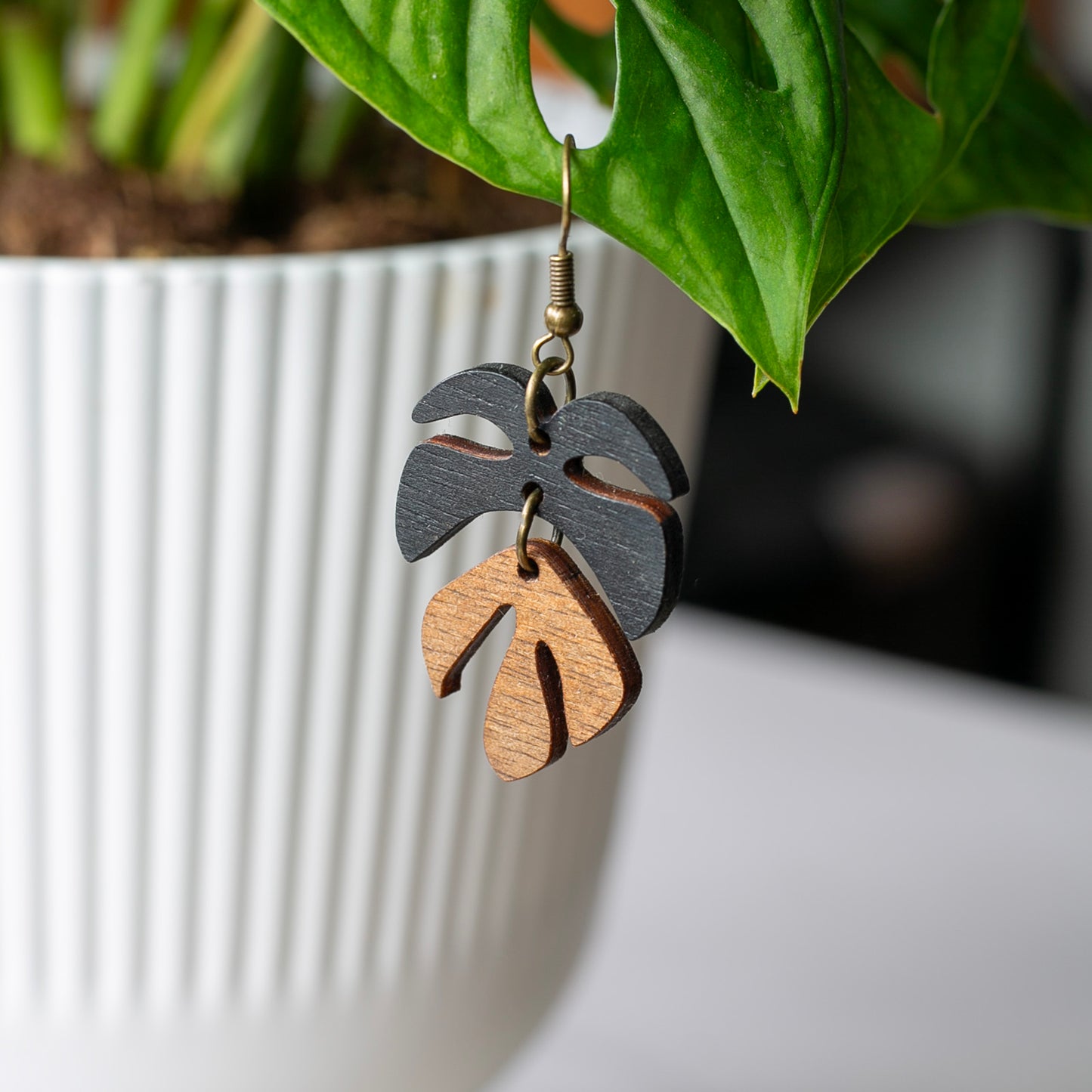 Wood Earrings - Walnut Monstera