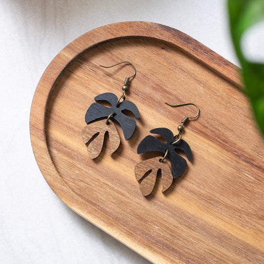 Wood Earrings - Walnut Monstera