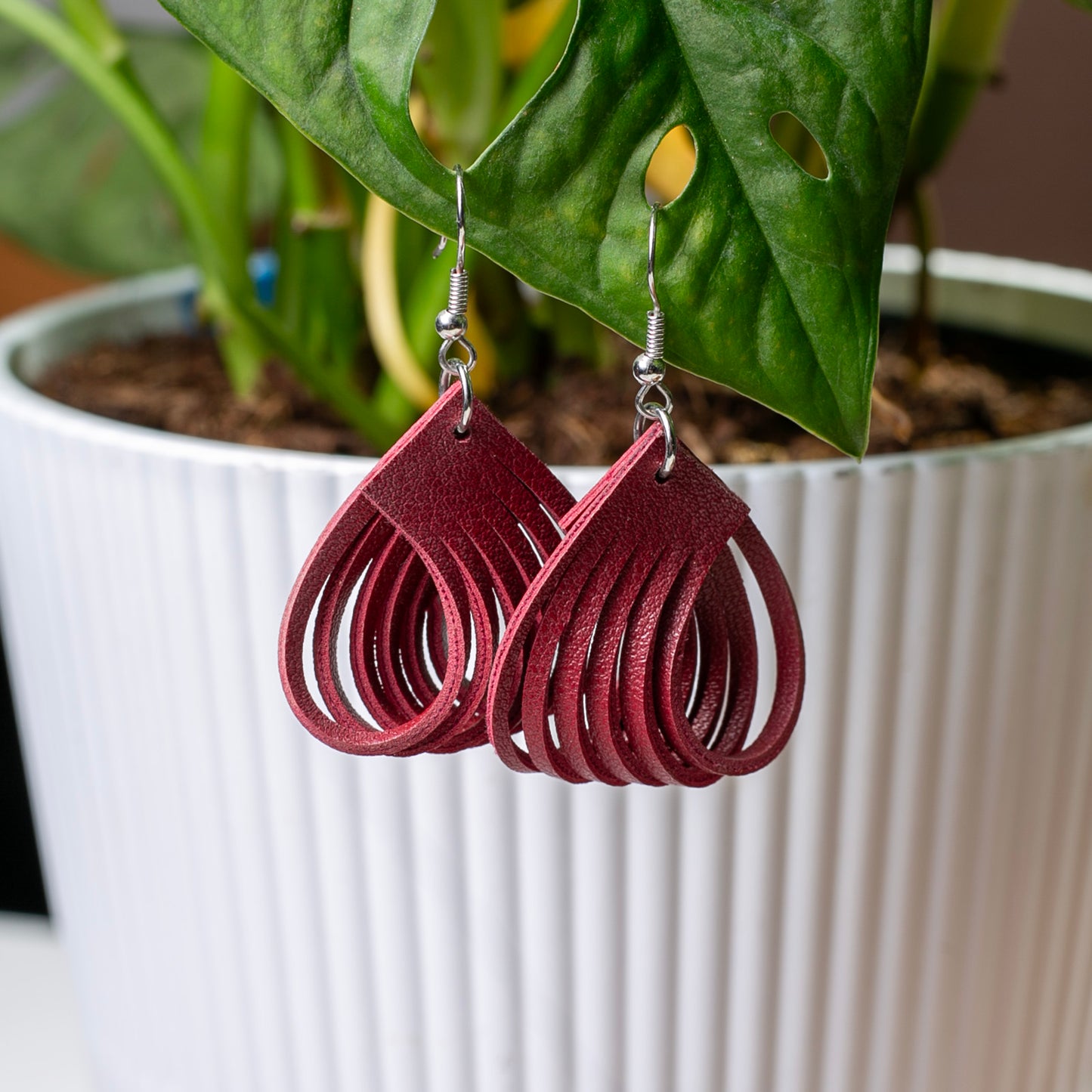 Red earrings hanging in front of a potted plant